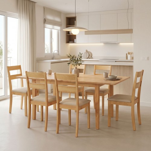Τραπεζαρία Dallan Country pakoworld 7τεμ σε φυσική απόχρωση rubberwood 120-150x80x74εκ c546440