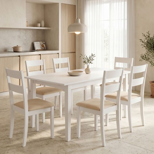 Τραπεζαρία Dallan Mabor pakoworld 7τεμ λευκό rubberwood 120-150x80x73 8εκ c546441