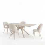 Τραπεζαρία με Καρέκλες Nelda κρεμ και Τραπέζι Olven σε όψη τραβερτίνης 44x58x82εκ Σετ 5τεμ c555595