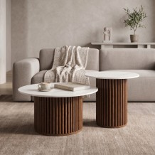 Τραπέζι σαλονιού Skerta pakoworld σετ 2τεμ λευκό sintered stone mdf με καρυδί βάση c558305