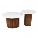 Τραπέζι σαλονιού Skerta pakoworld σετ 2τεμ λευκό sintered stone mdf με καρυδί βάση c558305