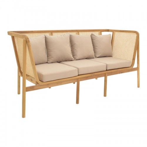 Καναπές τριθέσιος Jenta pakoworld teak ξύλο με rattan σε φυσική απόχρωση και μπεζ μαξιλάρι 203x67x92εκ c559589