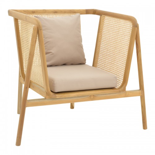 Πολυθρόνα Jenta pakoworld teak ξύλο με rattan σε φυσική απόχρωση και μπεζ μαξιλάρι 72x67x92εκ c559594